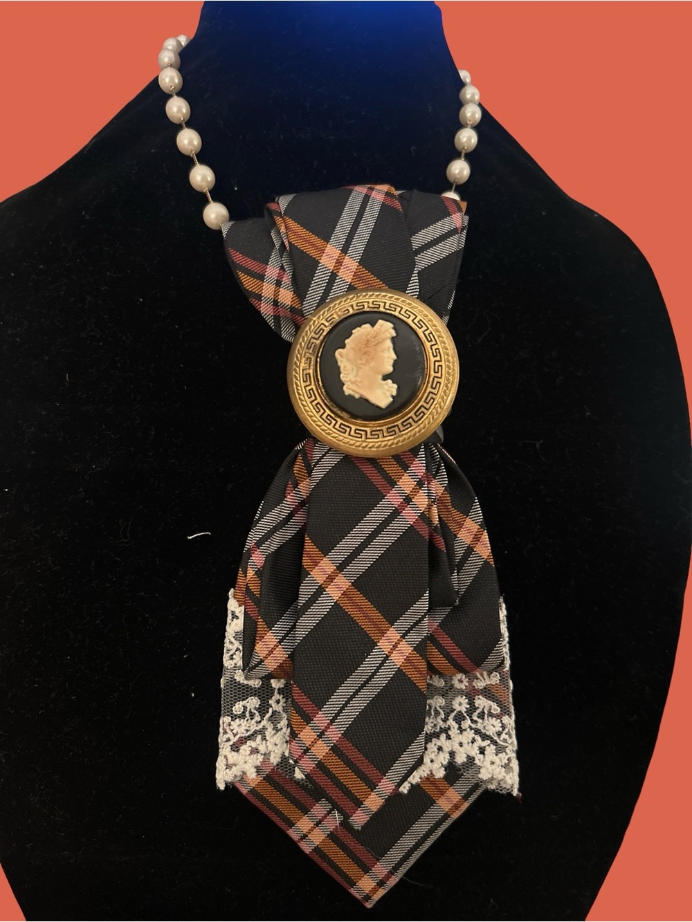 Plaid Cameo Tie Necklace with Pearl Chain - Black & Tan